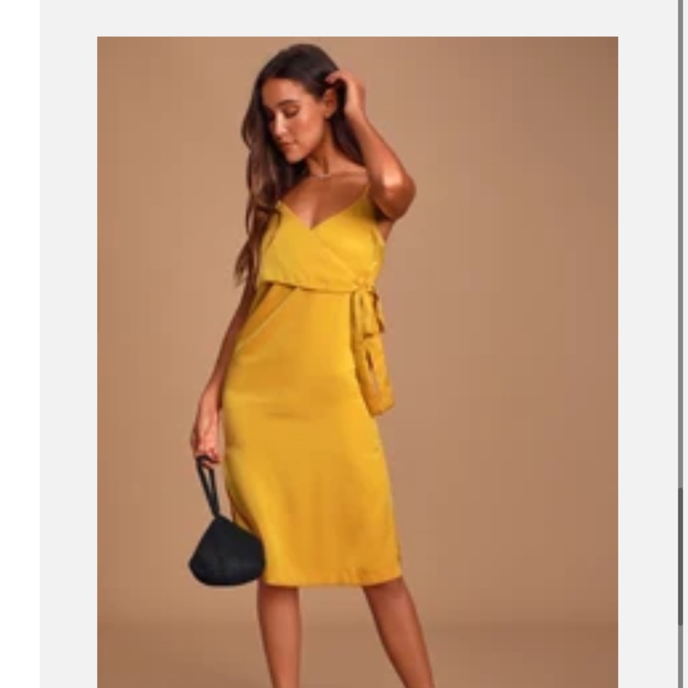 NEW Mustard Yellow Satin Midi Wrap Dress